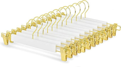 Amber Home 24 Pack 14.17" Solid White Wooden Pant Skirt Hangers with Gold Hook, Bottom Hangers for Slacks Trousers Jeans with 2-Adjustable Gold Clips (White, 24 Pack)