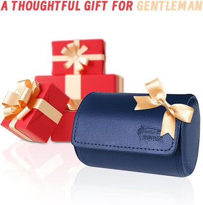 Leather Tie Case Box Organizer for Men's Necktie and Bow Tie Storage Travel Gift Box (round button, Blue, 4.3" x 3.3" x 3.3")