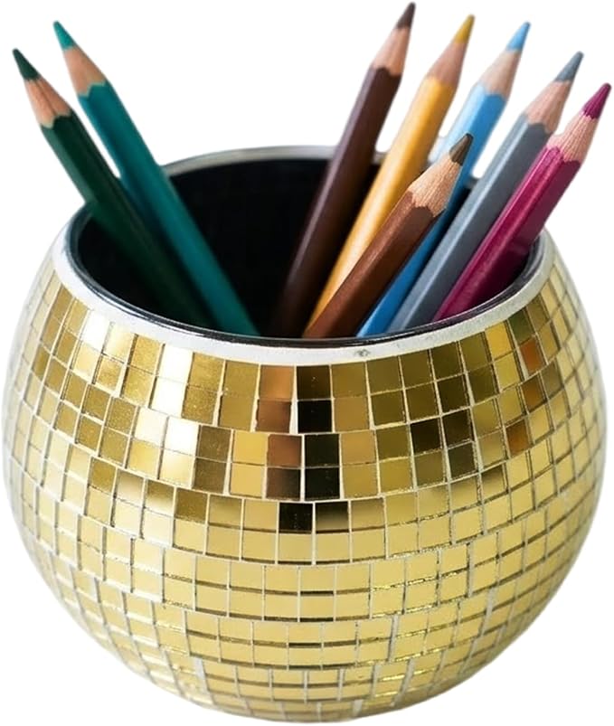 Glass Disco Ball Pen Holder with Smooth Grouting - Premium Mirror Mosaic Pencil Cup for Desk, Cute Makeup Brush Holder, Aesthetic Room Decor Gift (gold)