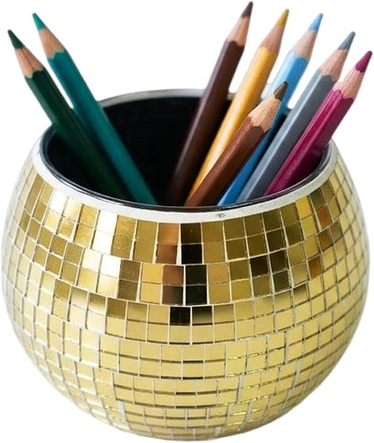 Glass Disco Ball Pen Holder with Smooth Grouting - Premium Mirror Mosaic Pencil Cup for Desk, Cute Makeup Brush Holder, Aesthetic Room Decor Gift (gold)