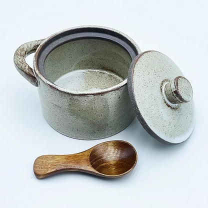 8 oz Ceramic Salt Cellar with Lid & Wooden Spoon,Countertop Salt Container,Sugar Bowl,Spices Jar| Artisan Kitchen Decor(Light Coarse Pottery Color)