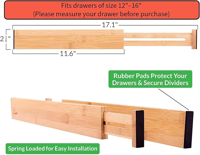 Adjustable Bamboo Drawer Dividers – SMALL SIZE, Expandable 12–16 inch – Spring Loaded Drawer Organizer for Kitchen, Dresser, Bathroom, Bedroom, Desk – 6-Pack