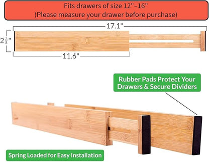 Adjustable Bamboo Drawer Dividers – SMALL SIZE, Expandable 12–16 inch – Spring Loaded Drawer Organizer for Kitchen, Dresser, Bathroom, Bedroom, Desk – 6-Pack