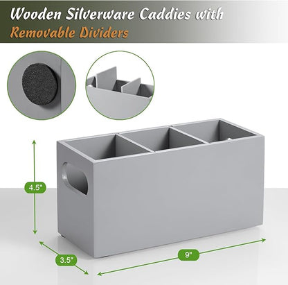 DRASTAR Wooden Silverware Caddy, Flatware Cutlery Holder, Kitchen Utensil Holder for Countertop, Silverware Organizer Containers for Party, Gray