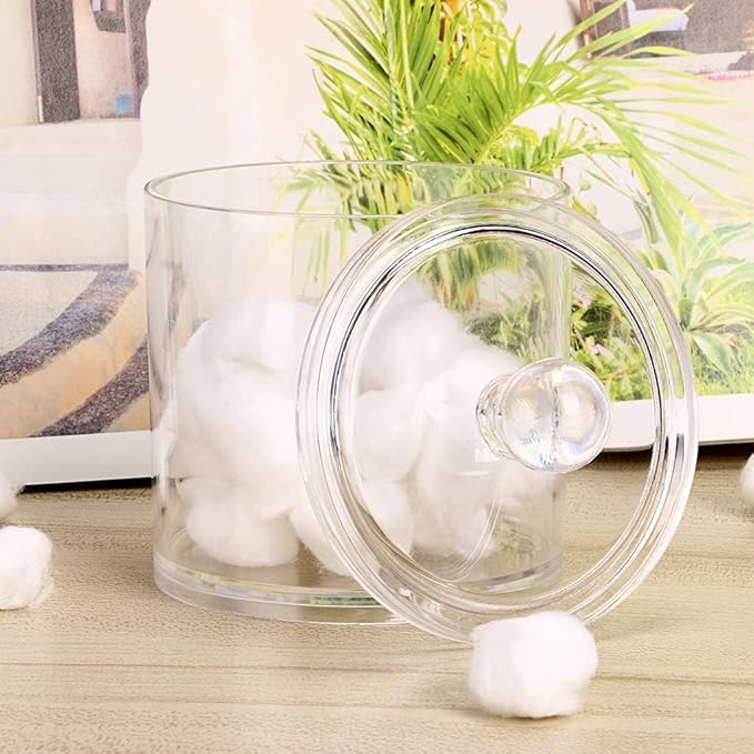 Acrylic Makeup Organizer Cosmetic Storage Display Case Makeup Brush Cotton Ball Pads Swab Q-tip Holder Lipstick Dispenser Canister Bathroom Container (3.7x3.7x3.9in, 1 Box, Clear)