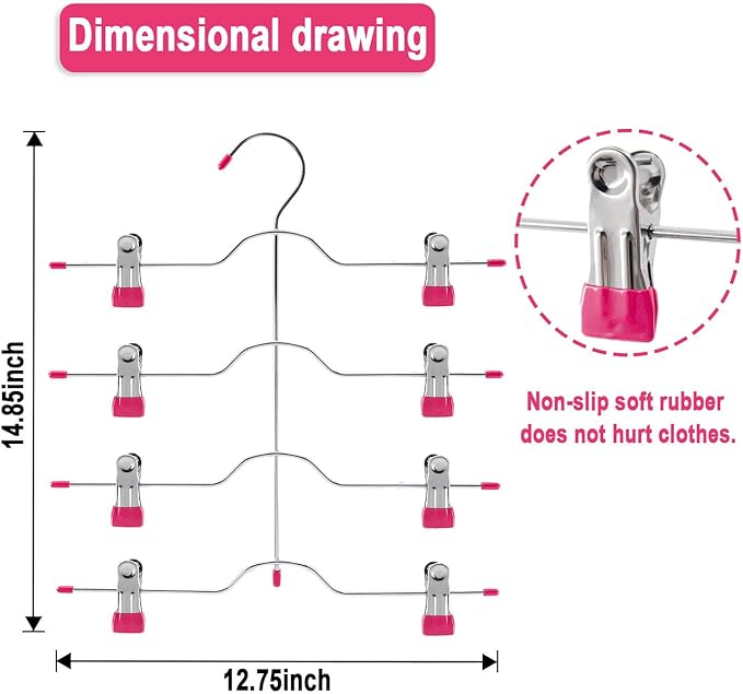 4 Tier Skirt Hangers Space Saving,Metal,Non Slip Closet Organizer and Storage Multi Clothes Shorts Hanger Organization Dorm Room Essentials(Pink 3Pack)