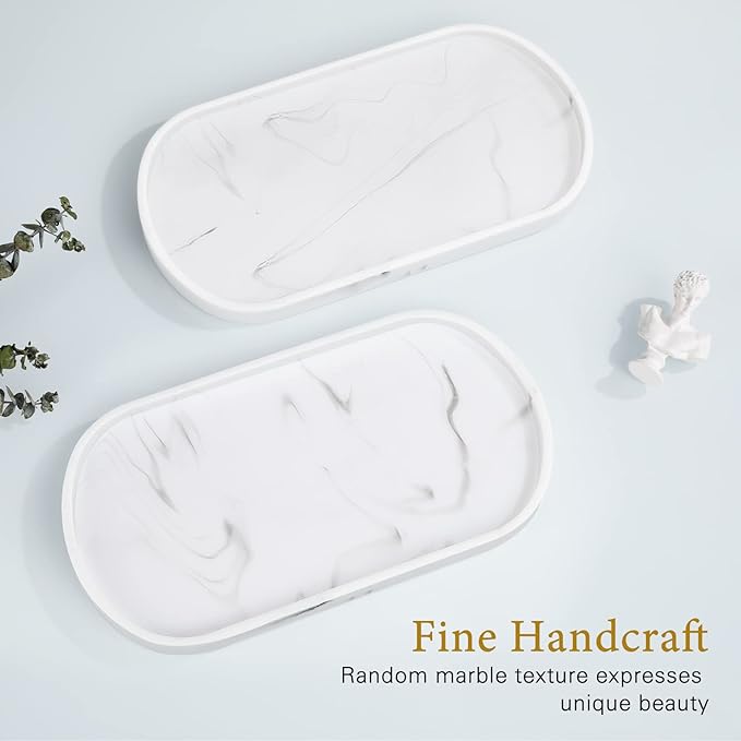 Luxspire Bathroom Vanity Tray, Handmade Resin Kitchen Tray, Oval Toilet Tank Tray, Bathroom Countertop Organizer Tray for Jewelry/Perfume/Soap Dispenser/Hand Towel - 11.4 Inch, Marble White