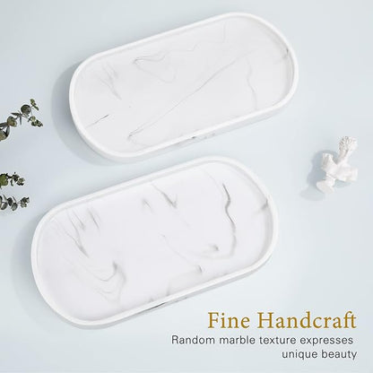 Luxspire Bathroom Vanity Tray, Handmade Resin Kitchen Tray, Oval Toilet Tank Tray, Bathroom Countertop Organizer Tray for Jewelry/Perfume/Soap Dispenser/Hand Towel - 11.4 Inch, Marble White