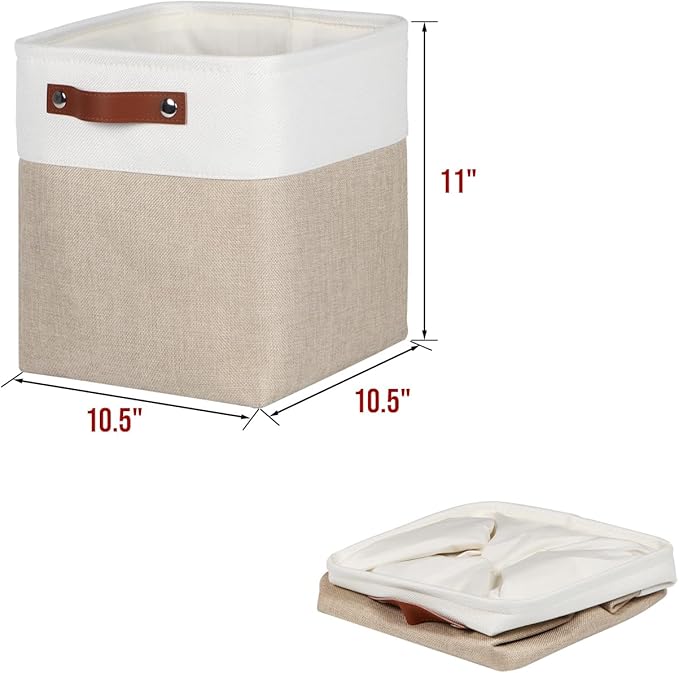 Fabric Storage Cubes 10.5”x10.5”x11” Cube Storage Bins for Closet Organizers and Storage Shelves Foldable Storage Bin with Handles, 6 Pack, Beige, PU Leather Handle