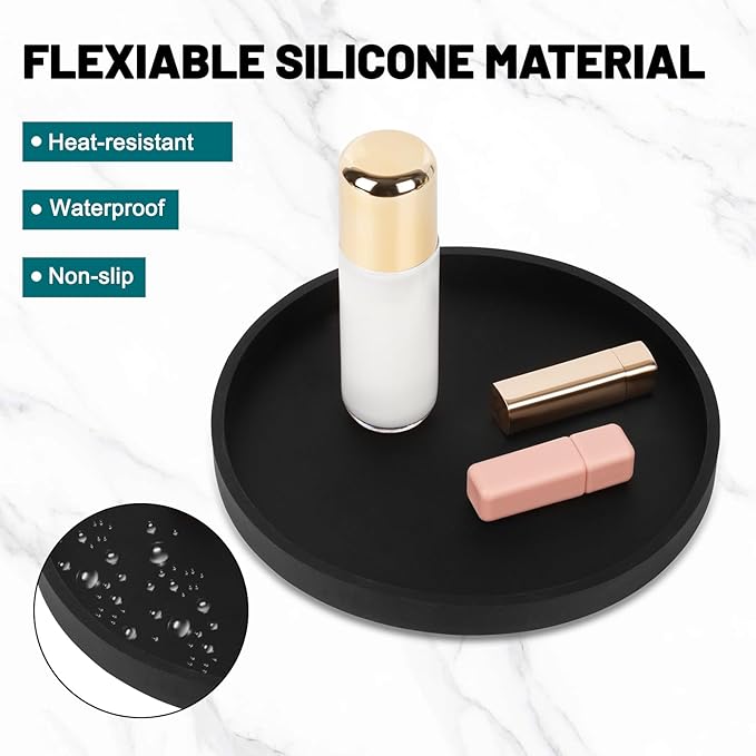 Silicone Bathroom Round Tray Vanity Tray Kitchen Counter Organizer Coffee Table Decor for Candle, Perfume, Jewelry, Trinkets,Hand Soap,Lotion Bottles (9 Inch,Black)
