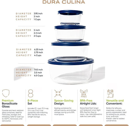 8-Piece Glass Food Storage Containers Set (4 Containers + 4 Lids) | Round, Nesting, Microwave & Dishwasher Safe | BPA-Free, Space-Saving | Blue Lids for Pantry & Kitchen Organization, Blue