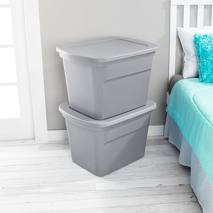 Sterilite 18 Gal Storage Tote, Stackable Bin with Lid, Plastic Container to Organize Clothes in Closet, Basement, Gray Base and Lid, 8-Pack