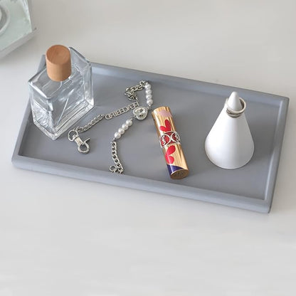 FREELOVE Concrete Countertop and Vanity Tray – Small Soap Dispenser Bottles Makeup Organizer Perfume Candle Key Trinket Ring Holder for Bathroom Toilet Tank Kitchen Sink, Grey, Rectangle 5.3''X11''