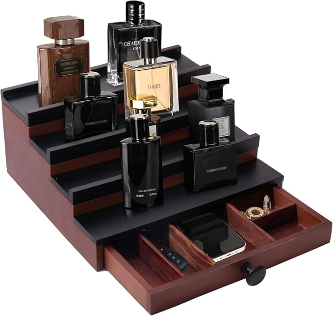 Cologne Organizer for Men - 4 Tier Brown Black Wooden Cologne Display Stand with Drawer and Hidden Compartment, Mens Cologne Holder Shelf for Organizing and Storing
