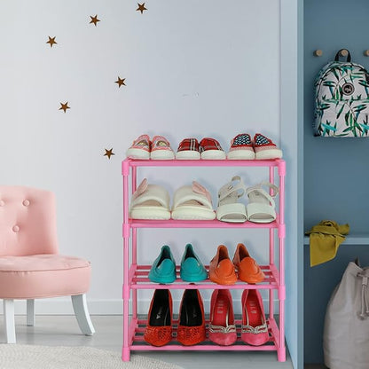 LNYZQUS Small Kids Shoe Rack, 4 Tier Pink Shoe Organizer Shoe Shelf for Closet,Stackable Narrow Shoe Stand Slim Zapateras Organizer,Cute Toddler Shoe Rack Floor for Women & Girls-Full Pink