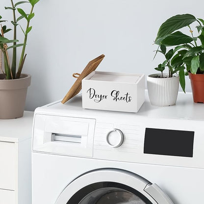 Wood Dryer Sheet Holder - Laundry Sheets Container with Lid - Farmhouse Laundry Room Organization and Storage for Laundry Room Decor and Accessories - Fabric Sheet Dispenser, White