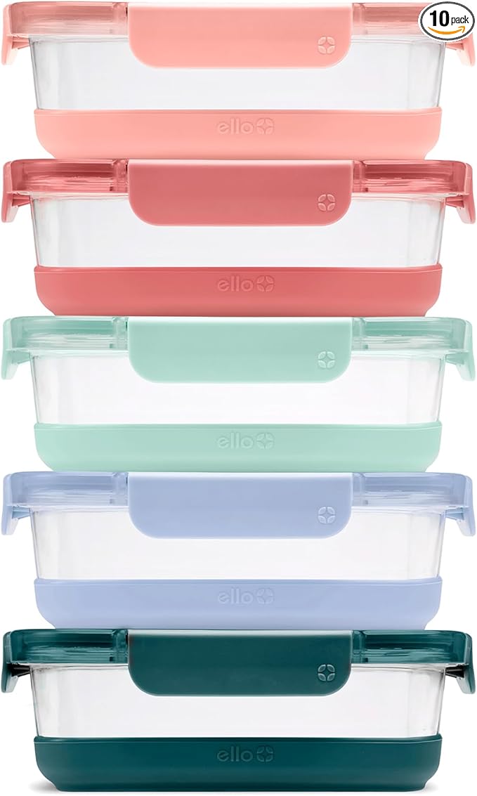 Ello Duraglass Refresh 3.4 Cup Meal Prep Sets 10Pc, 5 Pack Set- Glass Food Storage Container with Silicone Boot and Airtight BPA-Free Plastic Lids, Dishwasher, Microwave and Freezer Safe, Melon