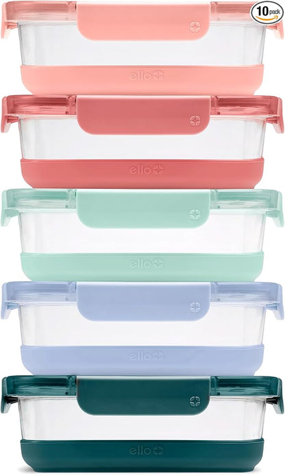 Ello Duraglass Refresh 3.4 Cup Meal Prep Sets 10Pc, 5 Pack Set- Glass Food Storage Container with Silicone Boot and Airtight BPA-Free Plastic Lids, Dishwasher, Microwave and Freezer Safe, Melon