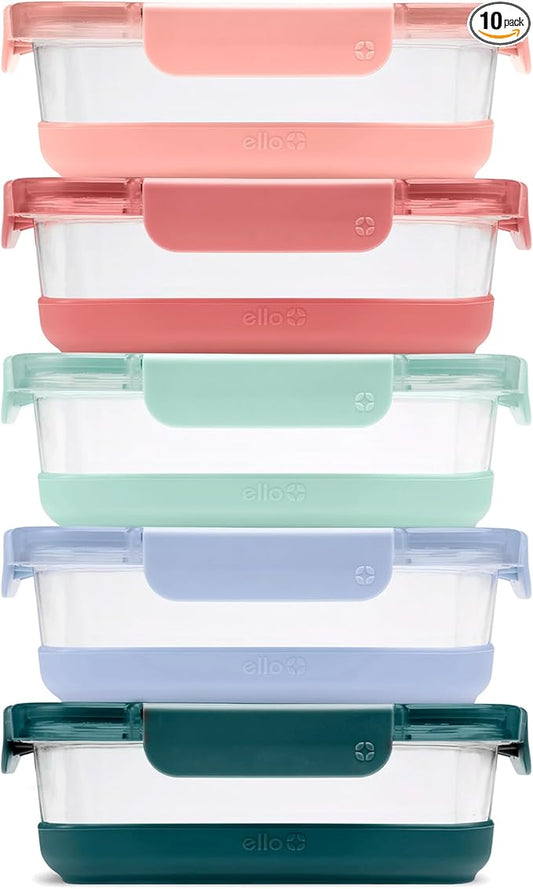 Ello Duraglass Refresh 3.4 Cup Meal Prep Sets 10Pc, 5 Pack Set- Glass Food Storage Container with Silicone Boot and Airtight BPA-Free Plastic Lids, Dishwasher, Microwave and Freezer Safe, Melon