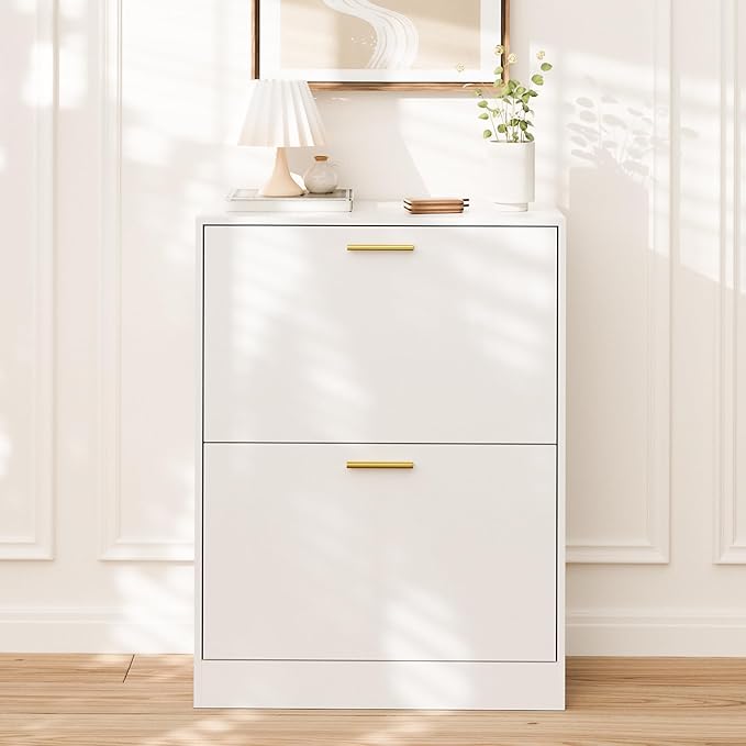 LYNSOM Shoe Cabinet Set of 2, Free Standing Tipping Bucket Shoe Rack Organizer with 2 Flip Drawers, Modern Entryway Shoe Storage with Top Display, Narrow Slim Hidden Shoe Cabinet (White)