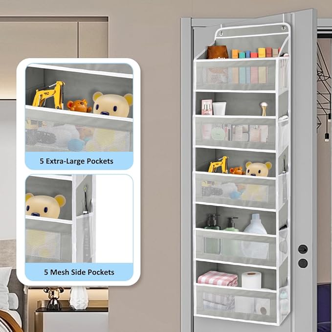 Over The Door Storage Organizer with 5 Extra Large Pockets & Side Mesh Pouches, Hanging Closet Door Organizer for Bedroom, Baby Nursery Storage, Anti-Tilt Design, Fits 1.6" Doors-Gray