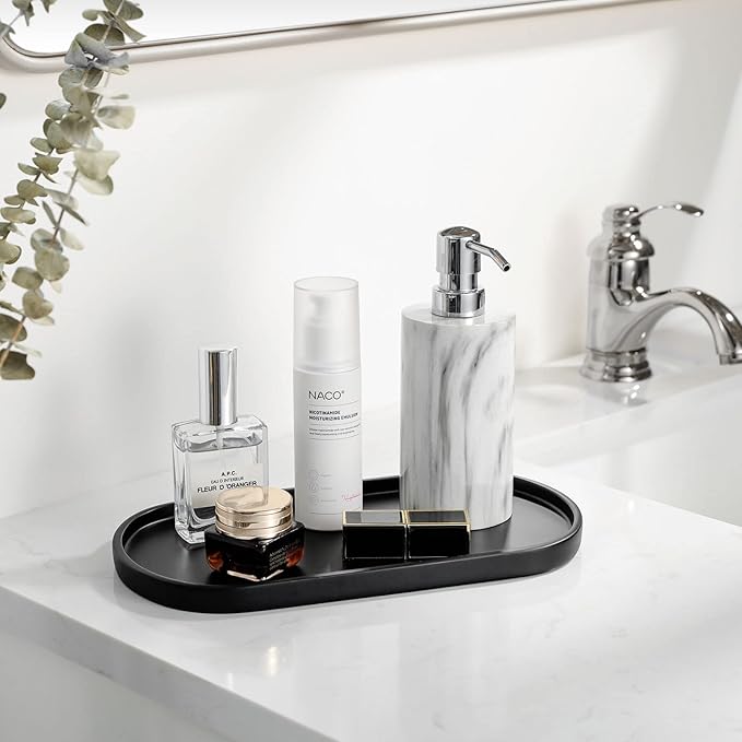 Luxspire Bathroom Vanity Tray for Countertop, Oval Kitchen Soap Dispenser and Toiler Tank Trays, 11.4“ Resin Vanity Organizer for Lotion Bottles, Perfume, Jewelry, Dresser, Medium, Matte Black