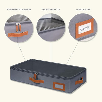 OrganiHaus Under Bed Storage Containers, Bedroom Storage and Organization Bins, Clothes Organizer for Closet with Clear Cover and Reinforced Handles - Set of 2 33x17x6 inches Gray