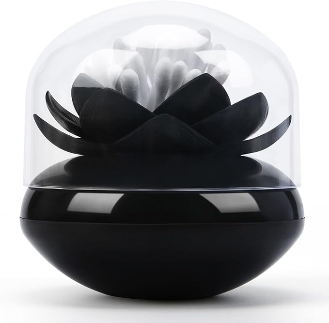 Bloss Lotus Cotton Swab Holder, Cotton Swabs Dispenser, Small Qtips Box, Toothpicks Container, Flower Qtip Holder for Bathroom Decor - Black