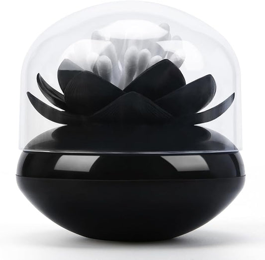 Bloss Lotus Cotton Swab Holder, Cotton Swabs Dispenser, Small Qtips Box, Toothpicks Container, Flower Qtip Holder for Bathroom Decor - Black