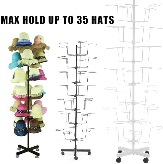 7 Tiers Rotating Hat Rack, Freestanding Cap Hat Retail Display Stand, Spinner Rack Hat Cap Display, Adjustable Height w/35 Circular Hat Hooks (white)
