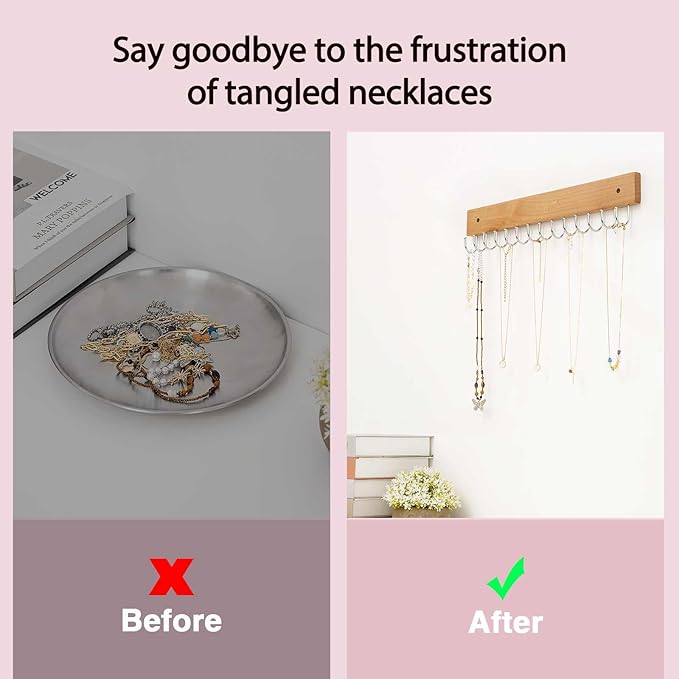 SCUNDA Wall Mounted Necklace Holder, Farmhouse Style Necklace Holder, Tangle Free Wall Jewelry Organizer with 28 Hooks(2 Packs,Natural)