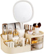 DASITON Makeup Organizer with Rechargeable Mirror,Makeup Brush Holder with 2 Drawers,Skincare and Cosmetics Organizer Countertop,Large Capacity Cosmetic Display Case for Vanity,Bedroom,Bathroom(Cream)