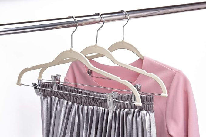 80 Pack Ivory Quality Plastic Non Velvet Non-Flocked Thin Compact Coat Hangers with Metal Clips for Skirts Pants Blouses 360° Swivel Hook