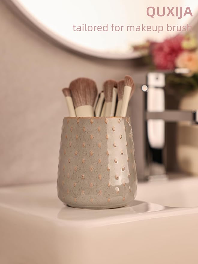 Ceramic Makeup Brush Holders, Farmhouse Bathroom Vanity and Countertop, Brushes Cup for Bathroom Cosmetics, Lipsticks, Vanity Desktop Storage (Vintage Grey)
