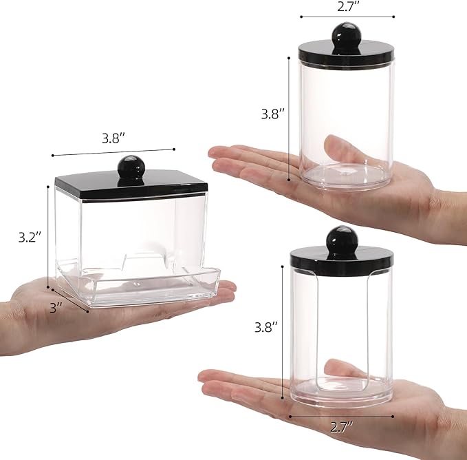 Tbestmax 3 Pack Qtips Holder Dispenser - Bathroom Organizers and Storage Containers, Plastic Apothecary Jars with Black Lids for Cotton Swab, Cotton Round Pads, Floss
