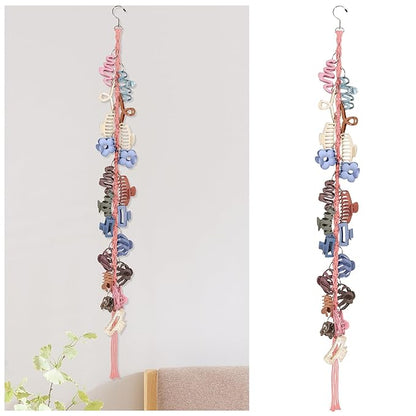 SNOWSTAR Macrame Hair Claw Clip Organizer with Rotating Hook and 20 Metal Rings,Hanging Hair Clip Holder and Storage for Women Girls,Claw Clips Hanger Home Decor for Wall,Door,Closet (Pink1PCS)