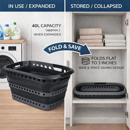 Laundry 360 Collapsible Laundry Basket 40L | Portable | Space Saver Storage | Hold 2 Loads | Store Under the Bed or Closet | Good for Kids | Dorm | Bedroom | Large | Grey/Black
