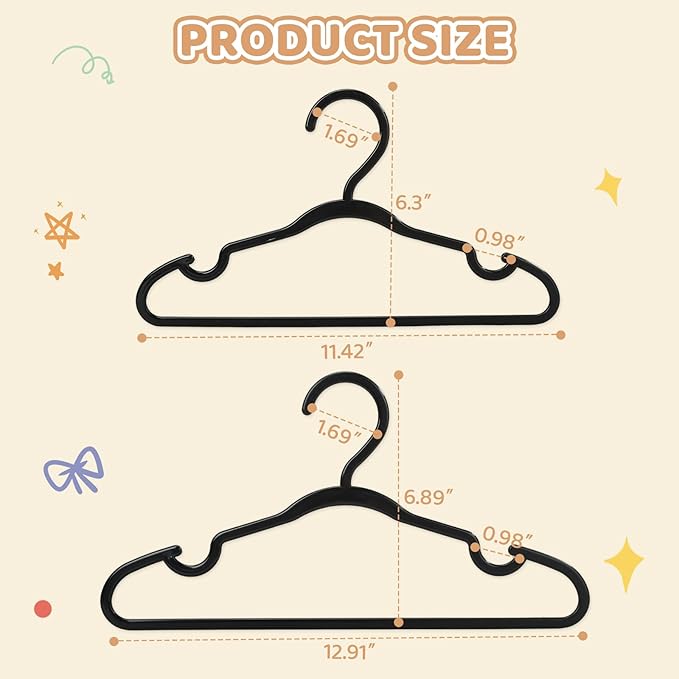 100 Pack Black Baby Hangers 11.42 Inch & 12.91 Inch Each 50 Pack - Kids Non-Slip Clothes Hangers for Infant & Child, Durable Plastic Children's Hangers for Closet, Pants, Coats, Skirts