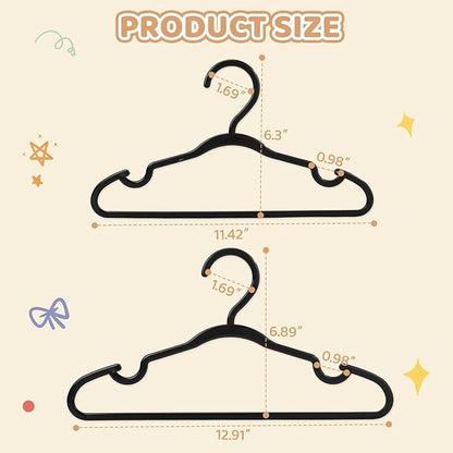 100 Pack Black Baby Hangers 11.42 Inch & 12.91 Inch Each 50 Pack - Kids Non-Slip Clothes Hangers for Infant & Child, Durable Plastic Children's Hangers for Closet, Pants, Coats, Skirts