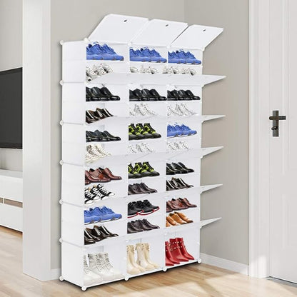 Shoe Rack Organizer, 18 Cube 12 Tier Covered Shoe Storage Cabinet 72 Pairs Freestanding DIY Shoe Shelves Plastic Shoes Rack for Closet Entryway Hallway Bedroom (White)