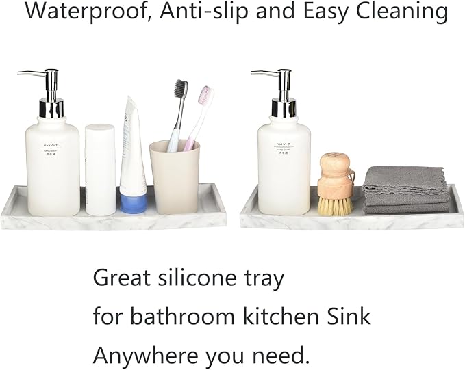 DNC Silicone Bathroom Vanity Tray for Counter, 11.8" Kitchen Sink Soap Tray for Dish Holder Dispenser Countertop Toilet Tank Decor Organizer