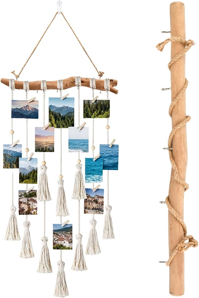 15Inch Driftwood Wall Hanging Jewelry Organizer - 2pcs Rustic Wood Tree-Shaped Wall Decor with 4/5 Hooks for Rustic, Boho & Farmhouse Home