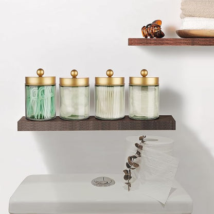 Amolliar Sage Green Apothecary Glass Jar With Metal Lid & Stickers, Bathroom Qtip Holder Storage Canister, Farmhouse Decor for Cotton Balls, Cotton Swabs, Round Pads, Bath Salt, Floss,Gold 4 Pack