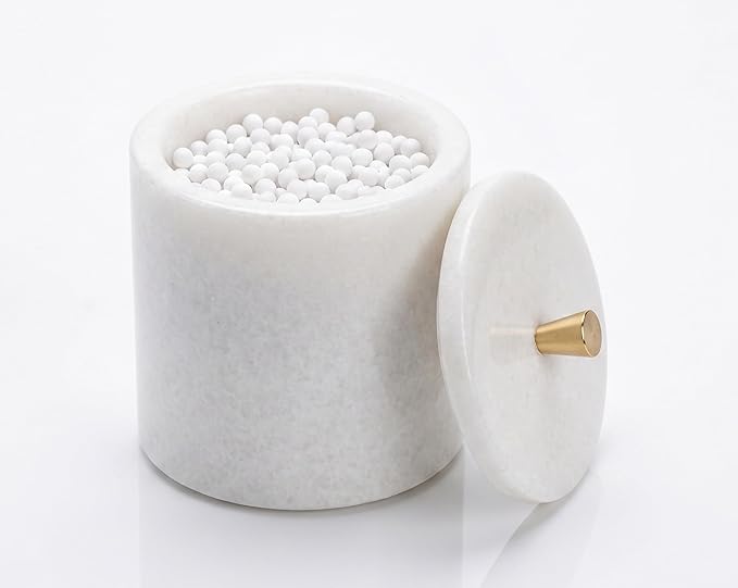 Real White Marble Qtip Holder with Lid and Copper Knob – Round Cotton Swab Container for Bathroom Vanity – Natural Stone Organizer with Rubber Feet – 4.3" Dia x 5.3" H (11 x 13.5 cm), 3.3 lbs