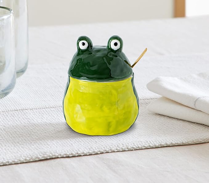 dgudgu Frog Salt Cellar With Lid And Spoon Ceramic Salt Container Green Salt Box Cute Salt Containers For Countertop– Elegant Salt Holder For Countertop