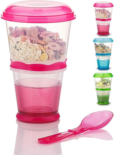 Cereal On the Go Cups Travel-To-Go-Food-Containers Storage with Spoon Breakfast Drink-Cups-Portable (Pink)