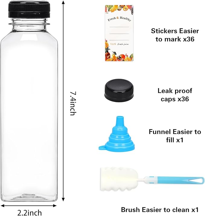 Moretoes 36pcs 16oz Juice Bottles, Plastic Bottles with Lids, Reusable Clear Containers for Juice, Smoothies, Cola, Water and Other Beverages