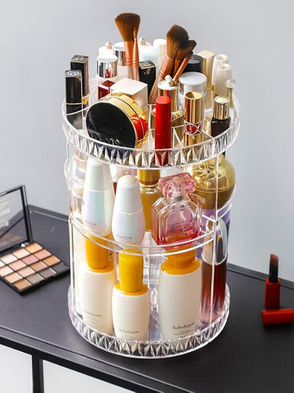PJLANDI Acrylic 360 Rotating Makeup Organizer, Cosmetic Storage holder shelf rack Perfume in Bathroom Dresser Diamond Pattern for skin care stand