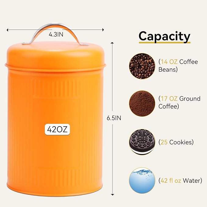 Farmhouse Coffee Canister Storage Container, 42 Oz Vintage Coffee Bean Airtight Jar with Lid, Food Tins with 12 Label Stickers, Kitchen Counter Pantry Organization for Candy Sugar Cookie Tea (Orange)
