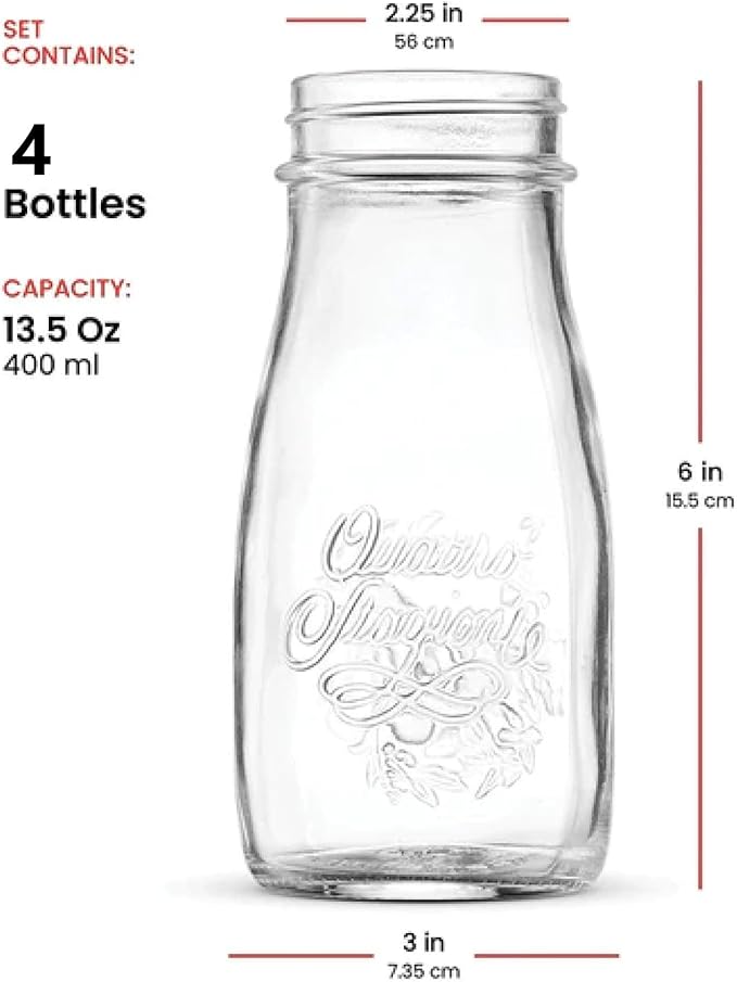 Bormioli Rocco Quattro Stagioni Bottles – 6.75 Oz. Glass Jars with Twist Top Lids, Embossed Beehive Design – For Canning, Drinks, Gifts, Food Storage & Table Décor – Made in Italy (Set of 4)